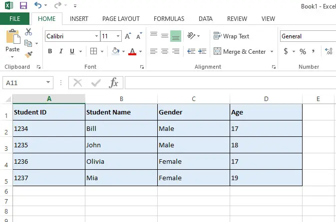 table in excel