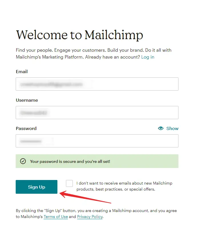 create MailChimp Account Sign up page