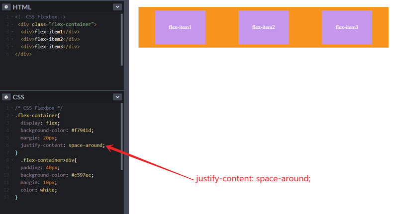 justify content to space around in css