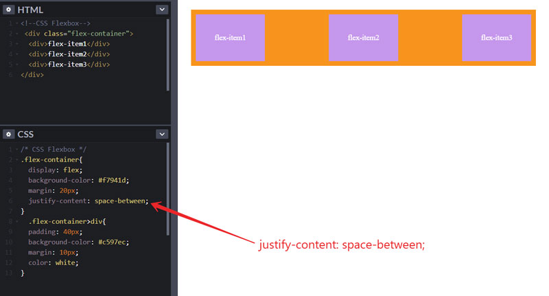 justify content to space between in css