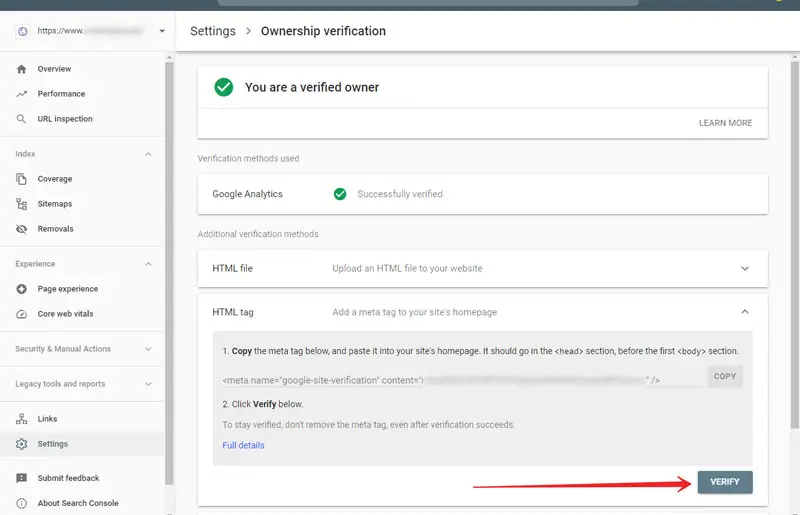verify your website in google search console