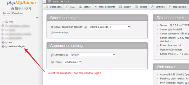 select your MySQL database to Export