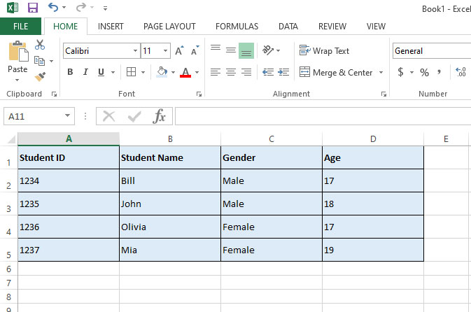 example of table in excel