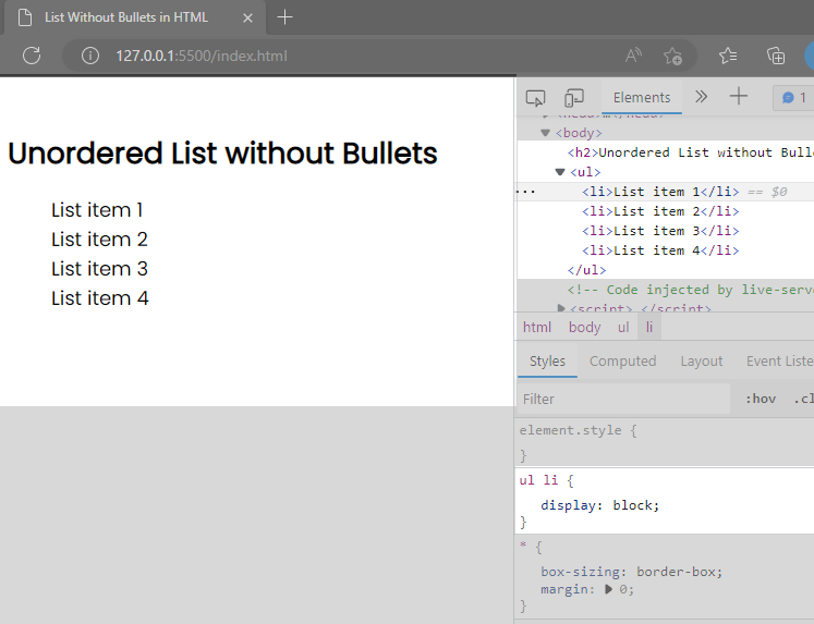 create list without bullets using display property