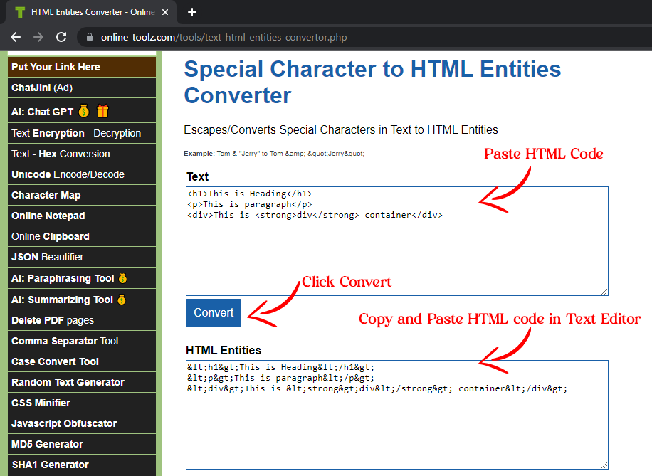 HTML Tags to Entities Converter Tool